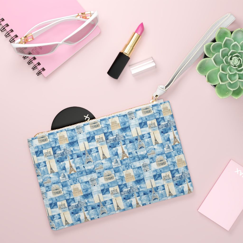 Europe Vegan Leather Clutch Bag- Fashion Lovers, Blue Paris Print, Perfect for Gifts, Accessories, Occasions, and More