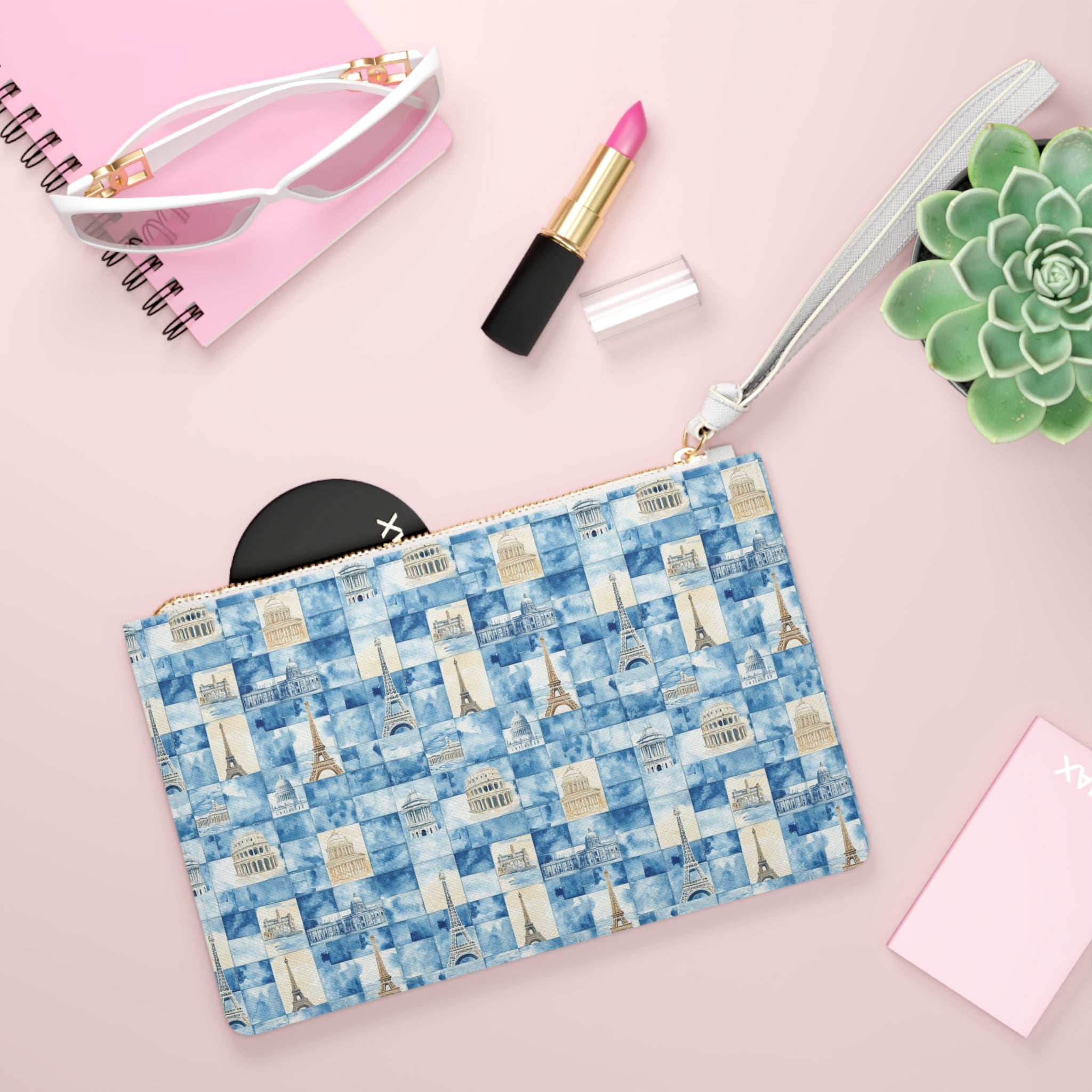 Europe Vegan Leather Clutch Bag- Fashion Lovers, Blue Paris Print, Perfect for Gifts, Accessories, Occasions, and More