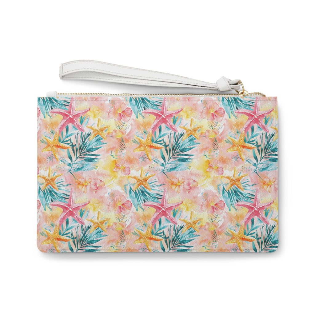 Pink Tropical Starfish Vegan Leather Clutch Bag, Summer Accessory, Travel Purse, Beach Clutch, Floral Handbag, Gift for Her, Vacation Essentials