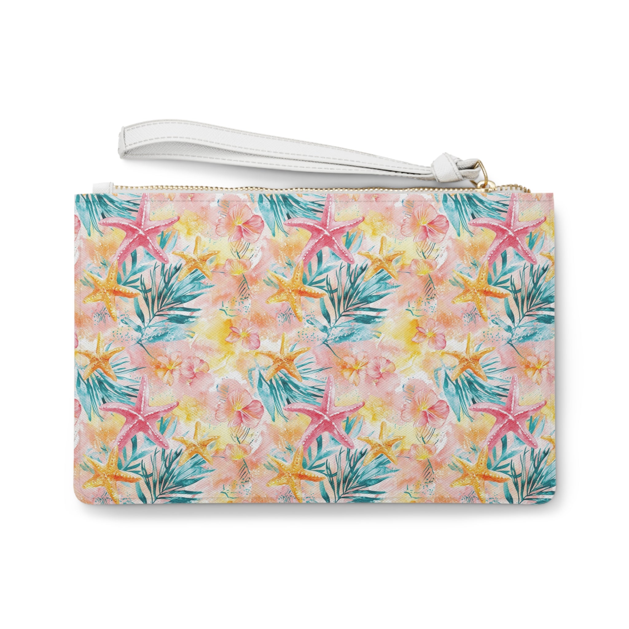Pink Tropical Starfish Vegan Leather Clutch Bag, Summer Accessory, Travel Purse, Beach Clutch, Floral Handbag, Gift for Her, Vacation Essentials