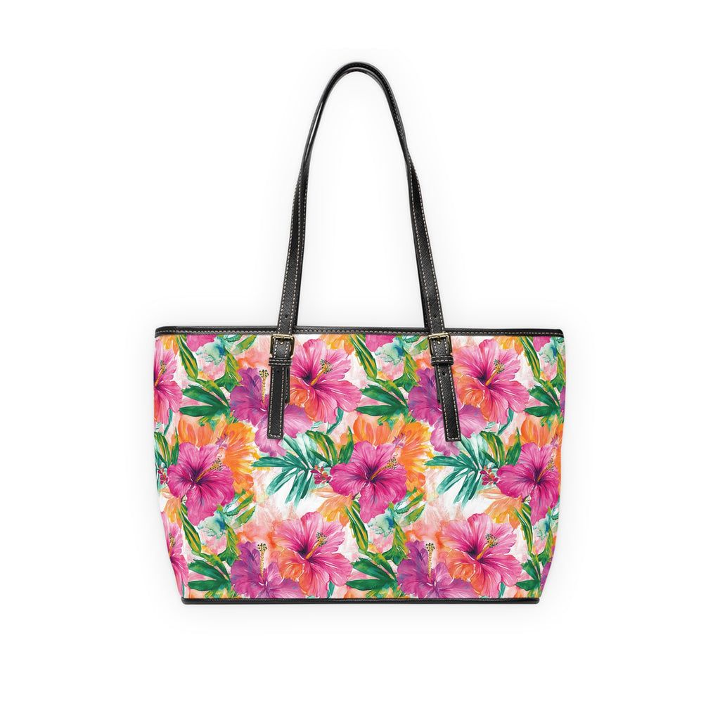 Pink Tropical Floral-  PU Leather Tote Bag, Vibrant Handbag for Summer, Beach, Vacation, Gifts for Her, Fashion Accessory