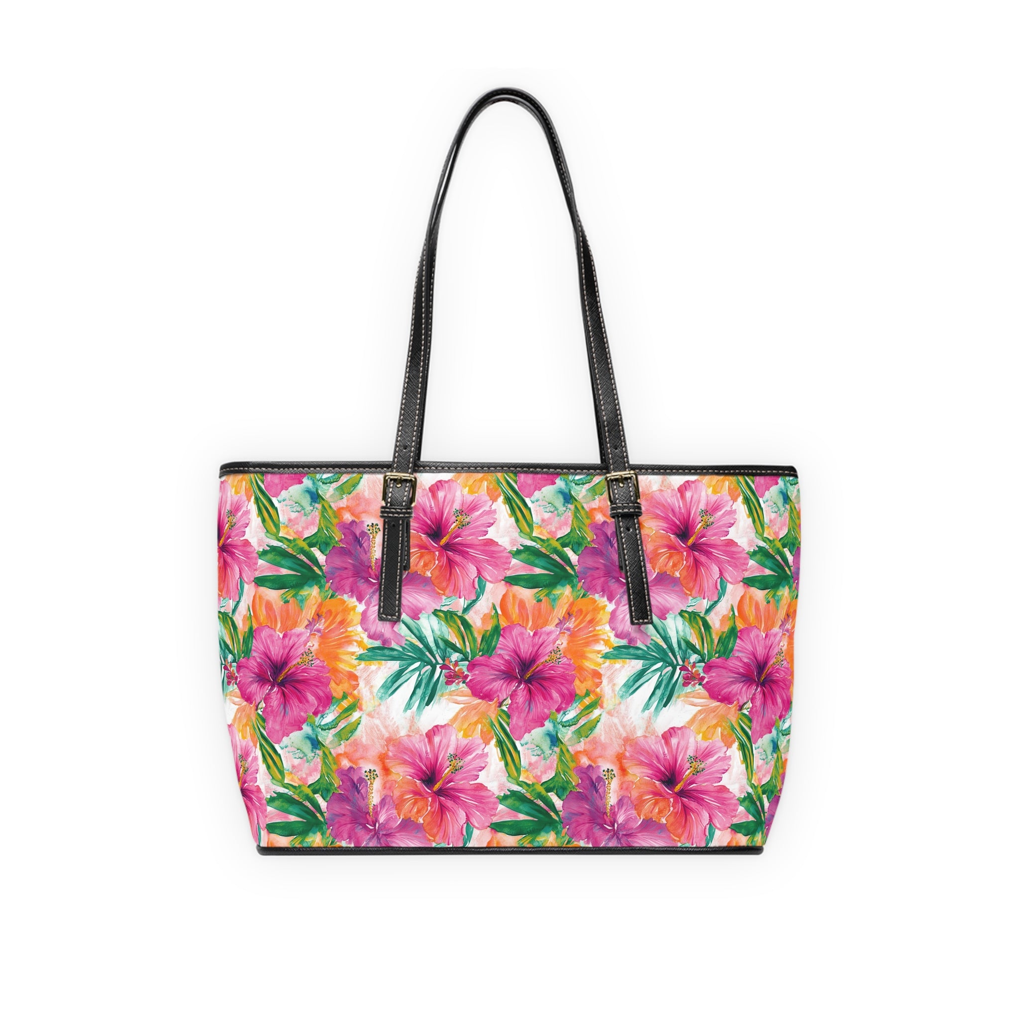 Pink Tropical Floral-  PU Leather Tote Bag, Vibrant Handbag for Summer, Beach, Vacation, Gifts for Her, Fashion Accessory