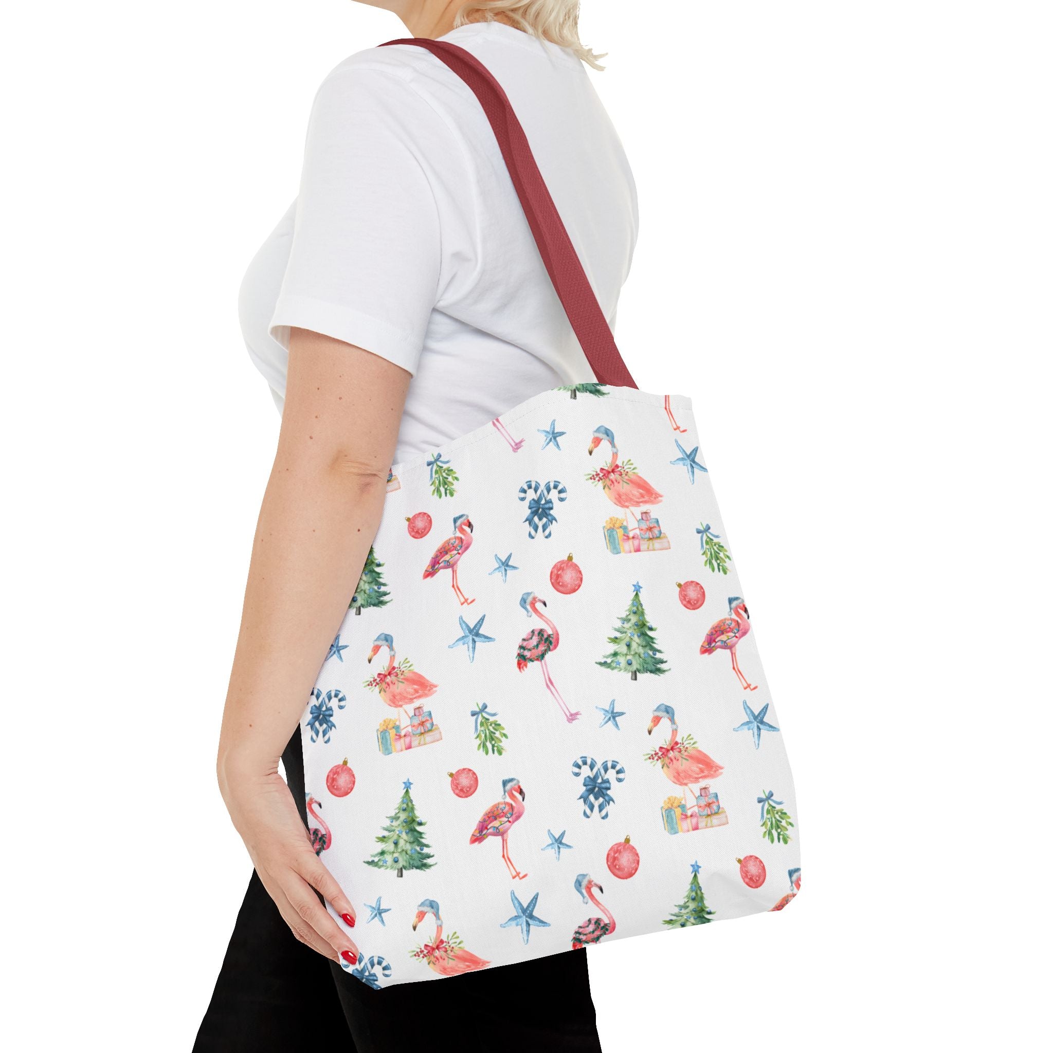 Christmas Flamingo Tote Bag, Holiday Gift, Summer Vibes, Beach Bag, Floral Shopper, Eco-Friendly，Gift Bag, Christmas Tote