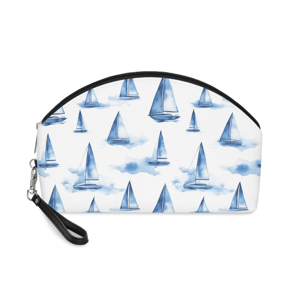 Blue Sailboat Makeup Bag,  PU Faux Leather Makeup Bag, Travel Makeup kit, Vacation Makeup bag, Bridesmaid Gift, Makeup Organizer