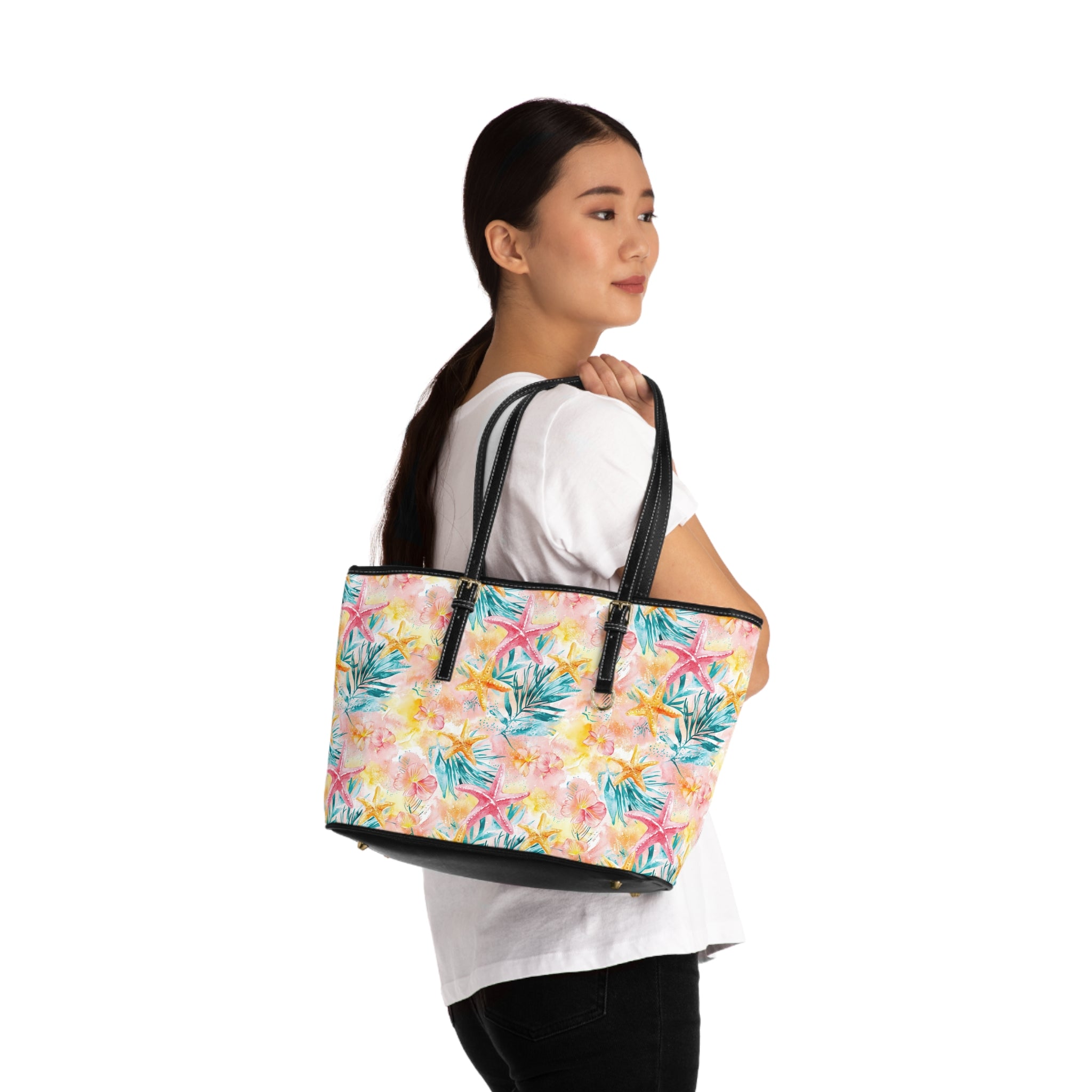 Pink Tropical Starfish- PU Leather Shoulder Bag, Stylish Handbag for Beach, Vacation Tote, Floral Print Purse, Perfect Gift for Summer