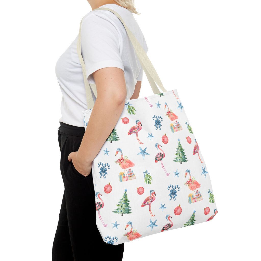 Christmas Flamingo Tote Bag, Holiday Gift, Summer Vibes, Beach Bag, Floral Shopper, Eco-Friendly，Gift Bag, Christmas Tote