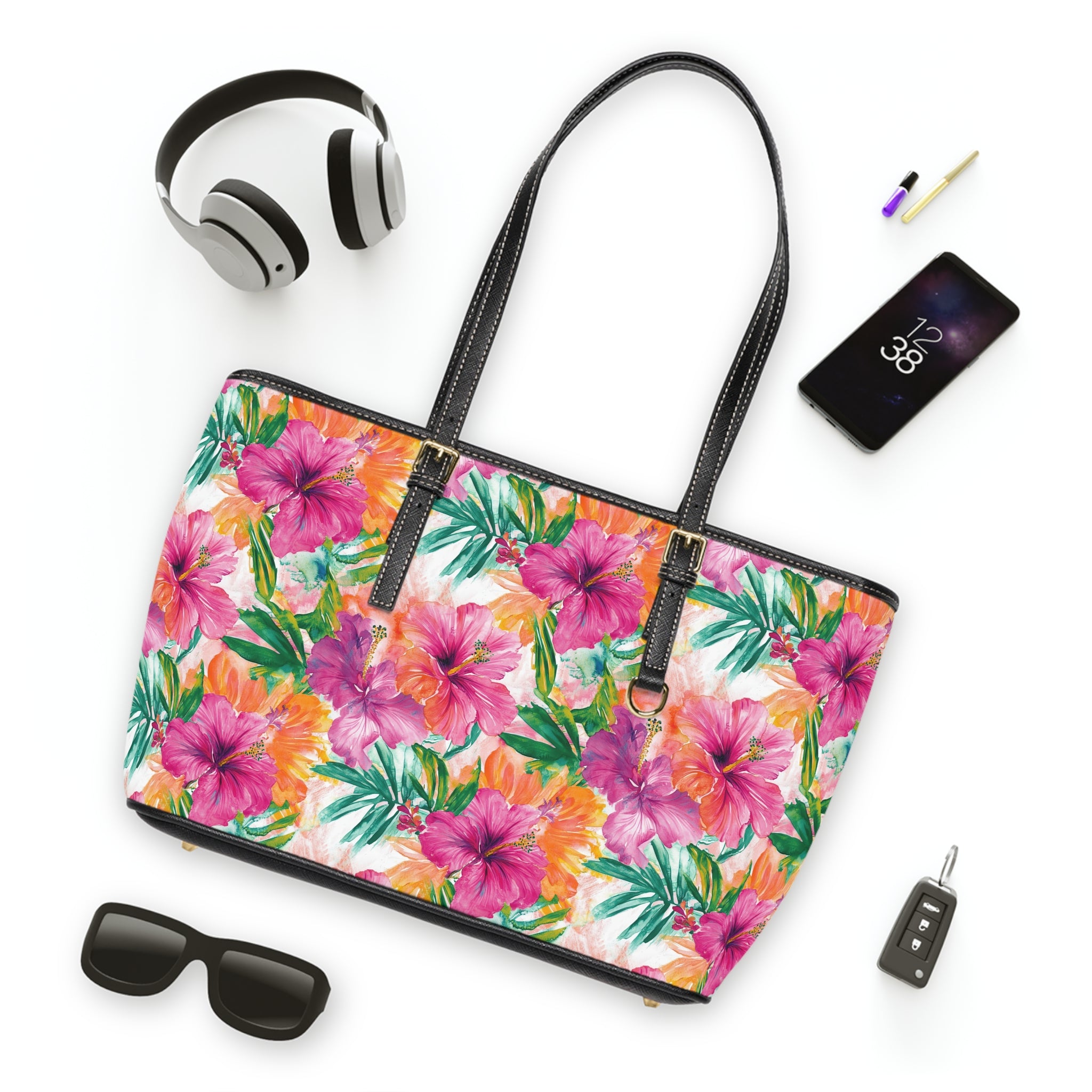 Pink Tropical Floral-  PU Leather Tote Bag, Vibrant Handbag for Summer, Beach, Vacation, Gifts for Her, Fashion Accessory