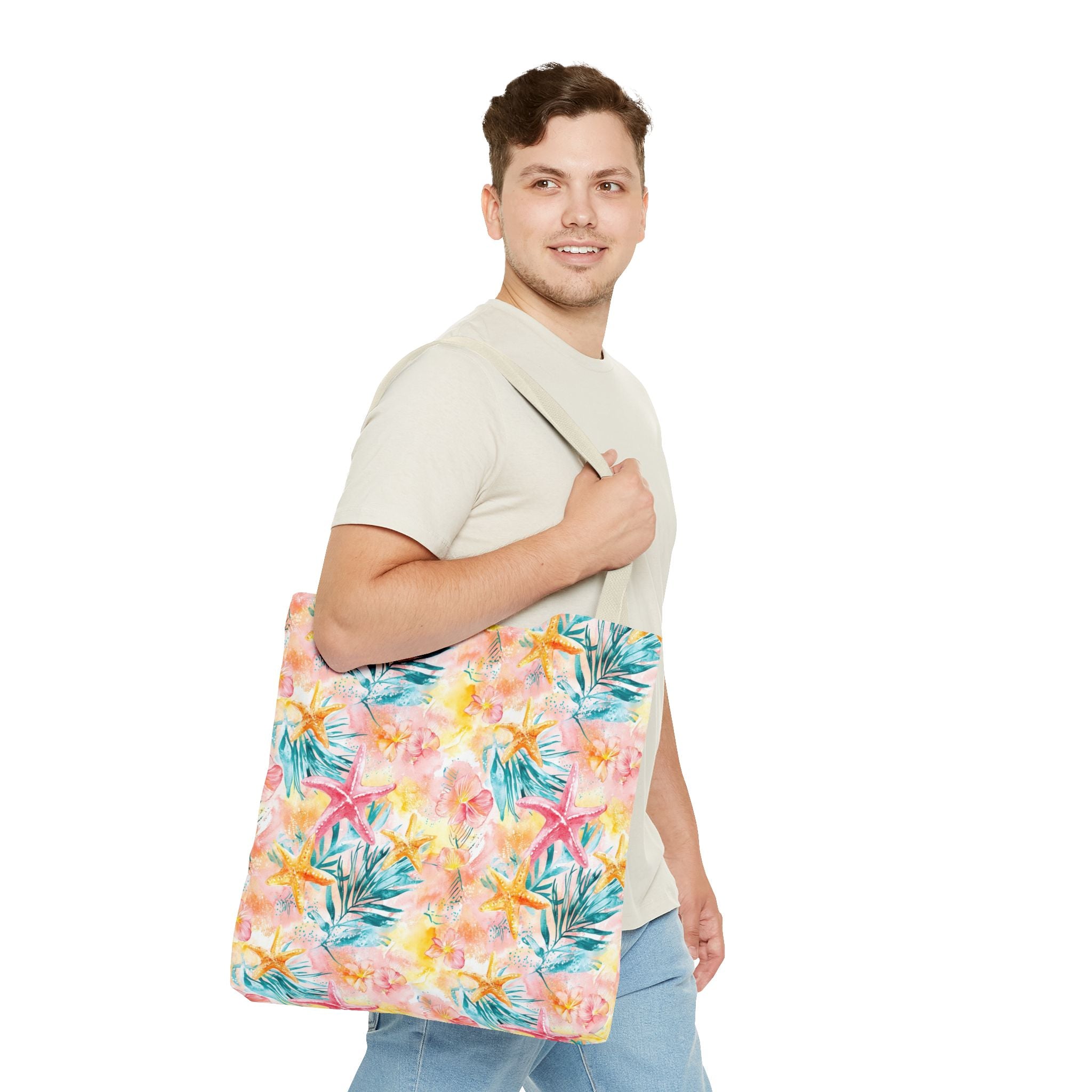 Pink tropical Starfish Tote Bag - Tropical Floral Print, Beach Essentials, Eco-Friendly, Gift for Her, Summer Vibes, Shopping Companion