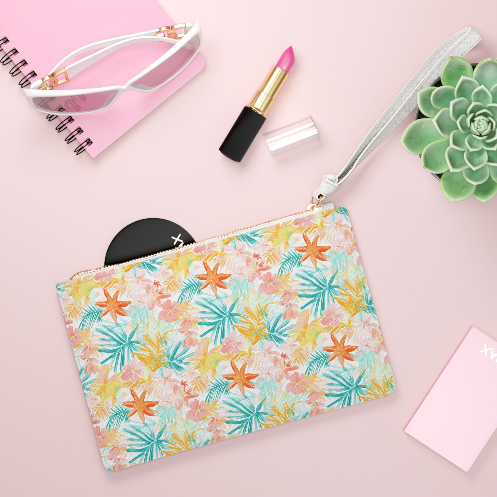 Tropical Starfish Vegan Leather Clutch Bag | Summer Accessory, Vacation Purse, Beach Essentials, Gift for Her, Travel Makeup Bag