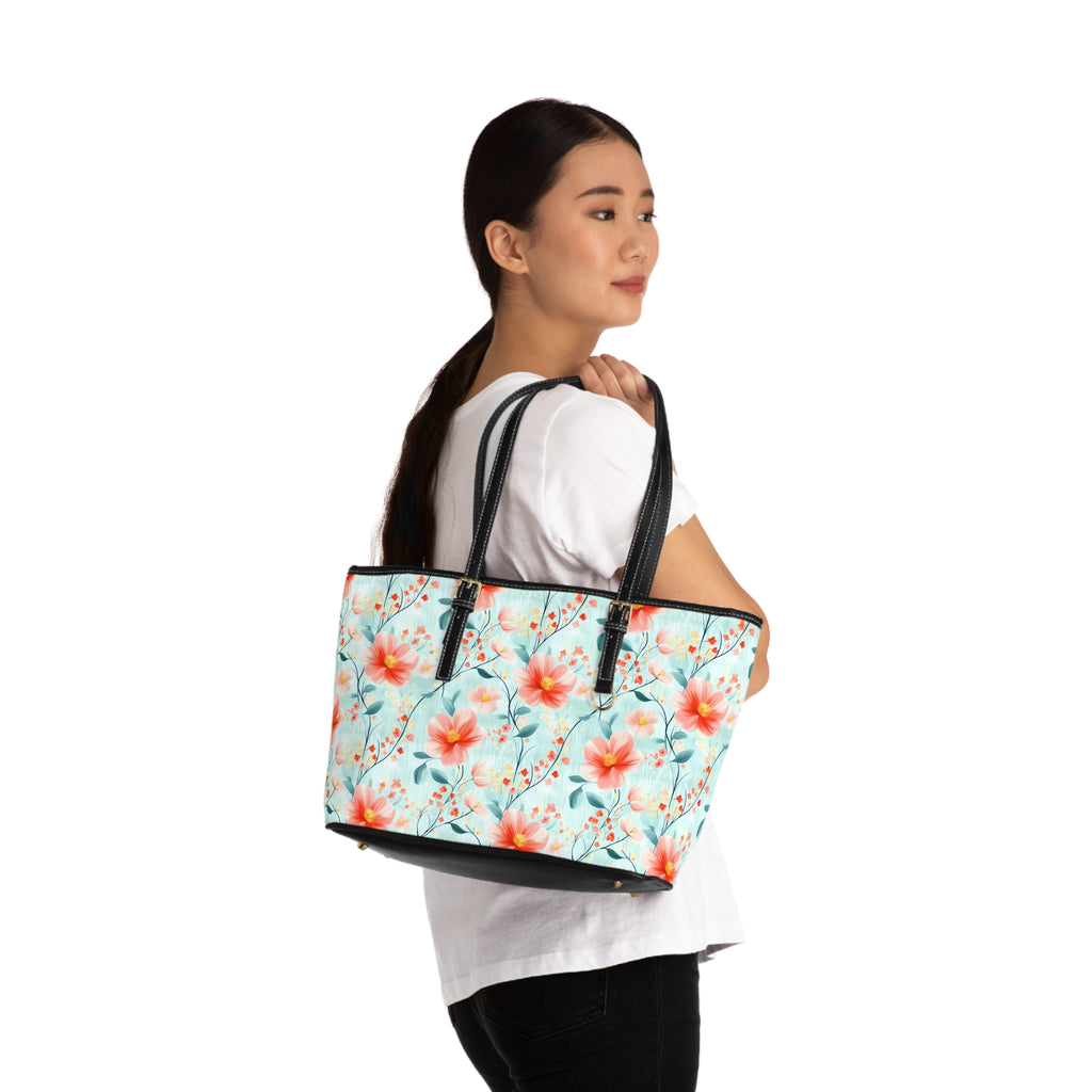 Teal Daisy-  PU Leather Tote Bag, Stylish Handbag for Spring, Floral Print Purse, Everyday Tote for Women, Gift for Her