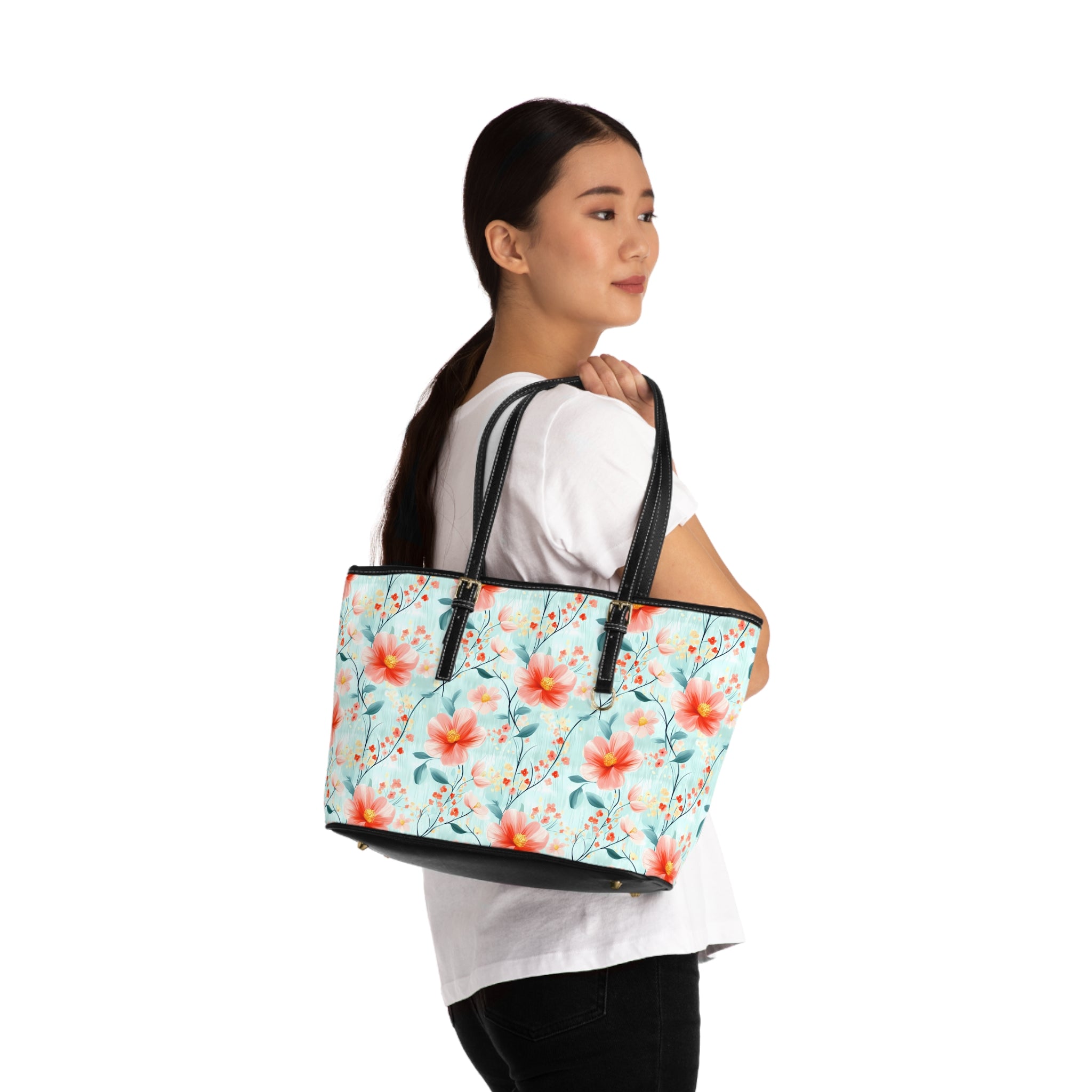 Teal Daisy-  PU Leather Tote Bag, Stylish Handbag for Spring, Floral Print Purse, Everyday Tote for Women, Gift for Her