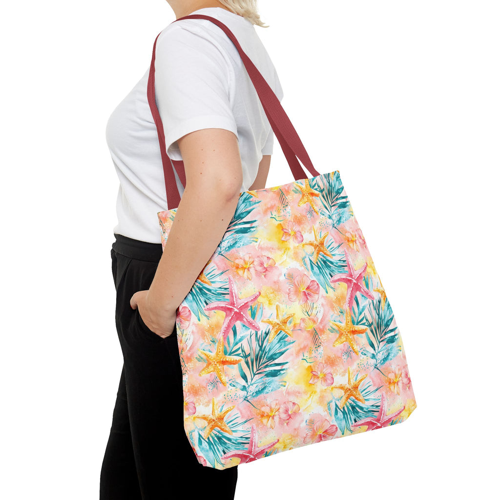 Pink tropical Starfish Tote Bag - Tropical Floral Print, Beach Essentials, Eco-Friendly, Gift for Her, Summer Vibes, Shopping Companion
