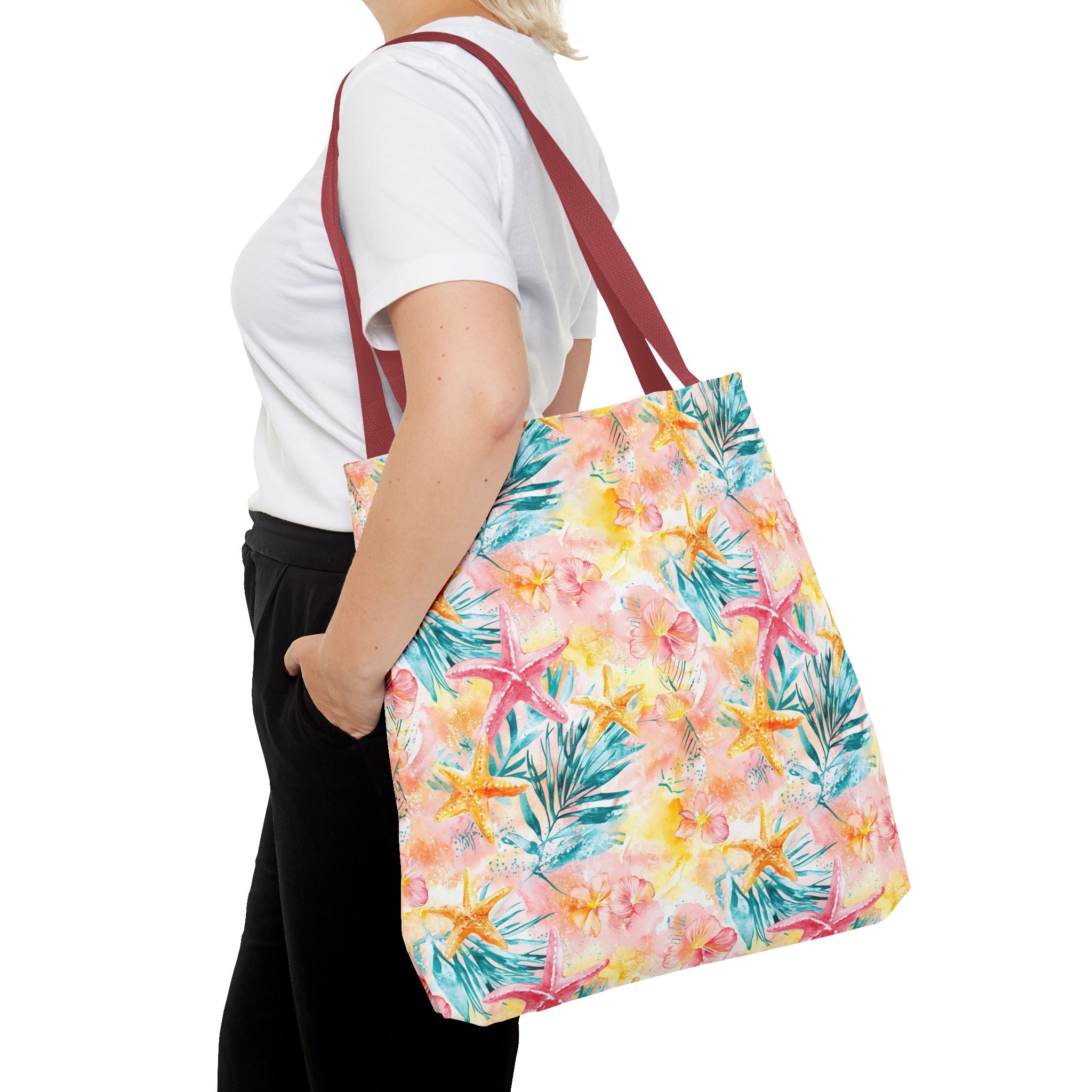 Pink tropical Starfish Tote Bag - Tropical Floral Print, Beach Essentials, Eco-Friendly, Gift for Her, Summer Vibes, Shopping Companion