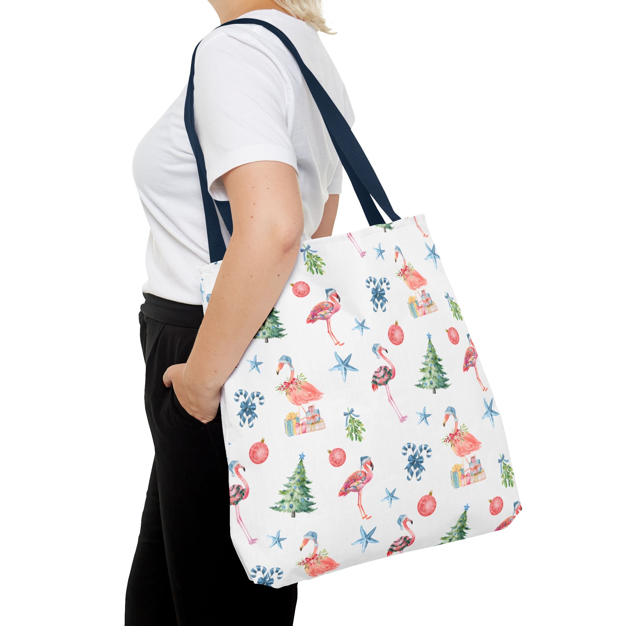 Christmas Flamingo Tote Bag, Holiday Gift, Summer Vibes, Beach Bag, Floral Shopper, Eco-Friendly，Gift Bag, Christmas Tote