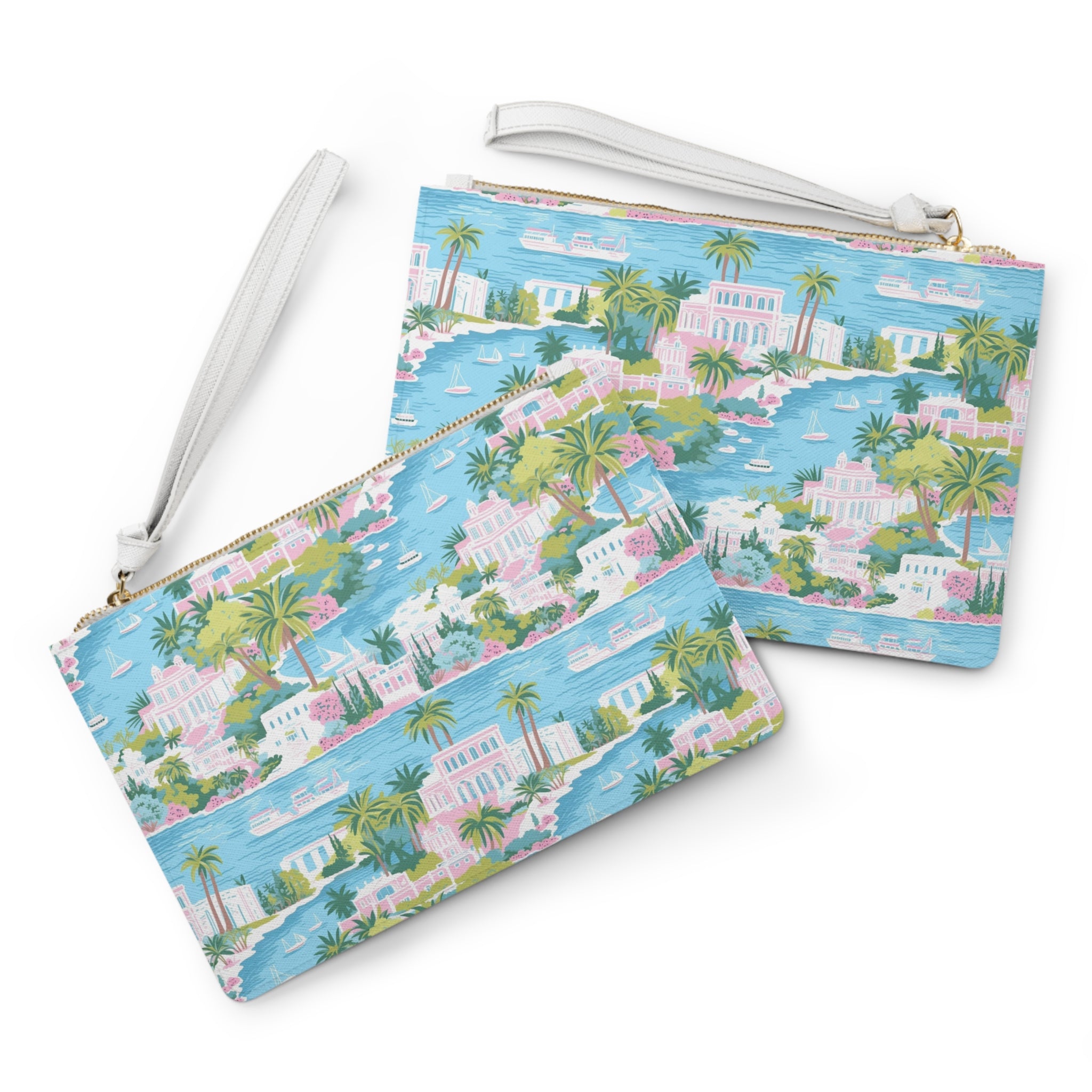 Greek Island Vegan Leather Clutch Bag - Beach Vibes, Summer Accessory, Gift for Her, Travel Pouch, Floral Cosmetic Case, Holiday Essential