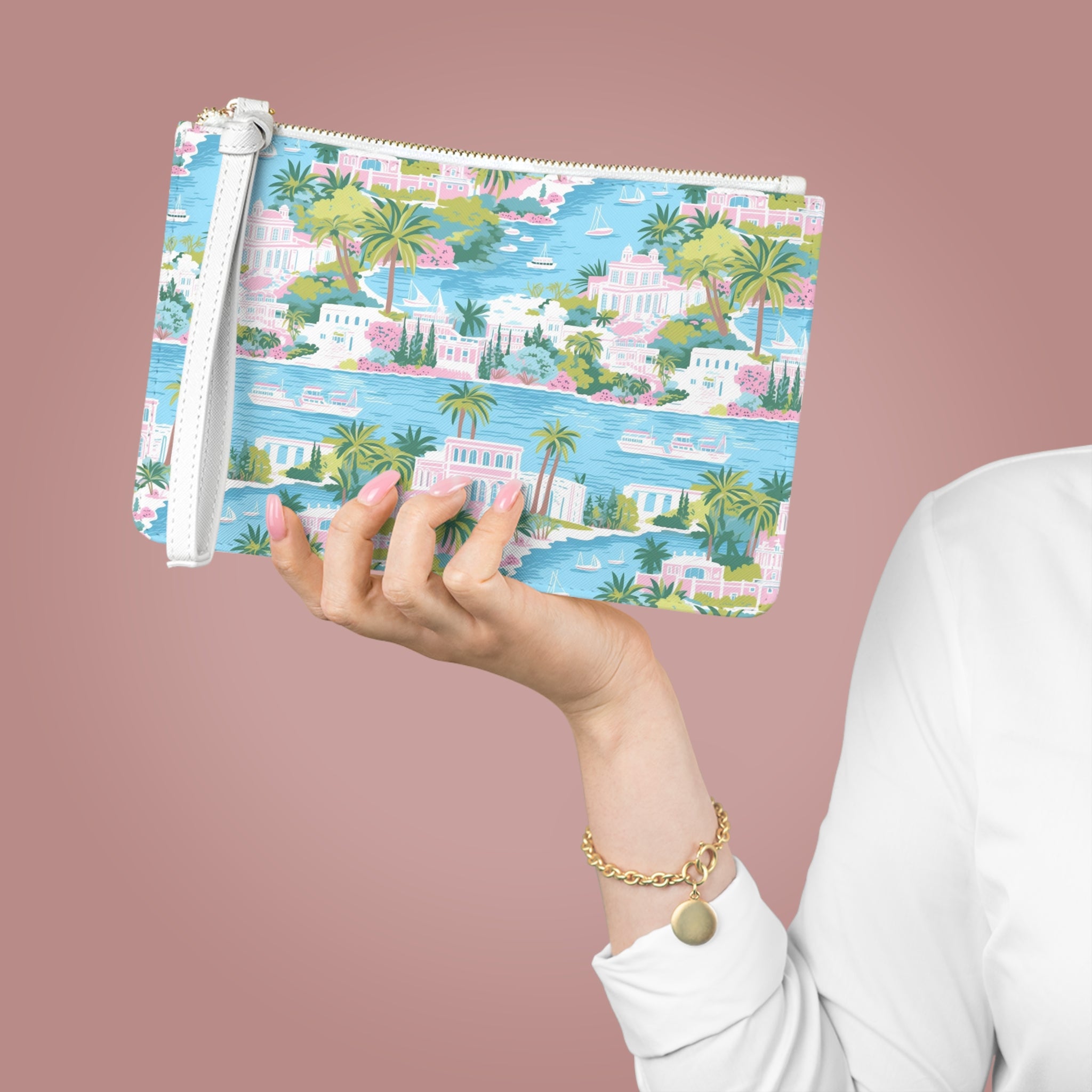 Greek Island Vegan Leather Clutch Bag - Beach Vibes, Summer Accessory, Gift for Her, Travel Pouch, Floral Cosmetic Case, Holiday Essential
