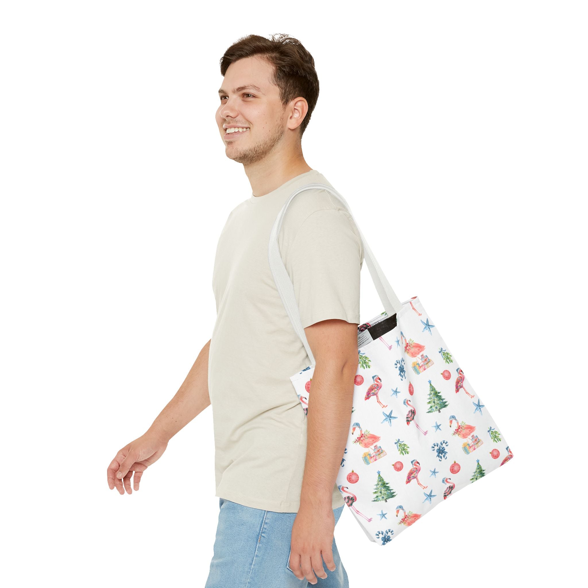 Christmas Flamingo Tote Bag, Holiday Gift, Summer Vibes, Beach Bag, Floral Shopper, Eco-Friendly，Gift Bag, Christmas Tote