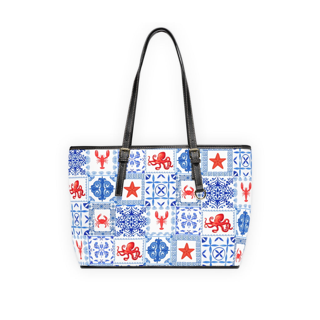 Greek Sea -Stylish PU Leather Shoulder Bag - Nautical Pattern Tote, Travel Handbag, Beach Day Essentials, Gift for Her, Summer Vibes