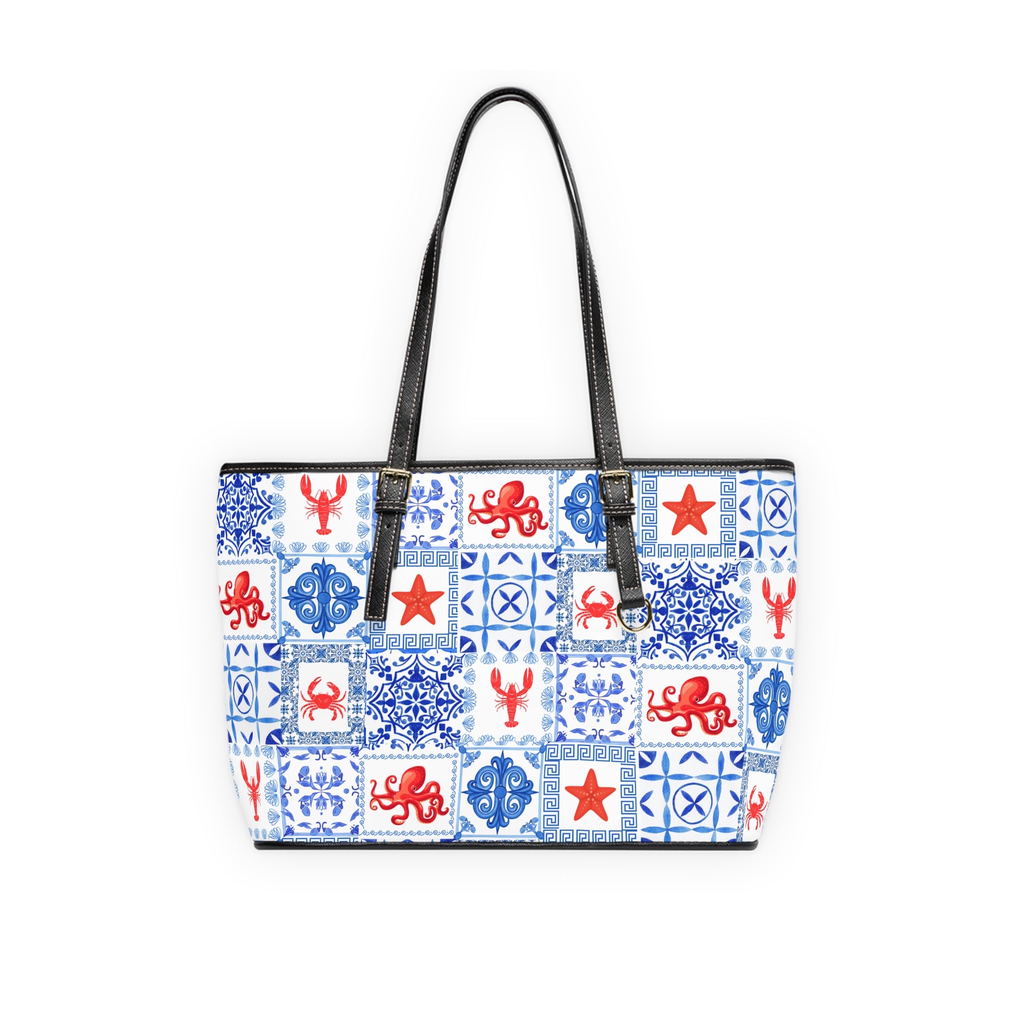 Greek Sea -Stylish PU Leather Shoulder Bag - Nautical Pattern Tote, Travel Handbag, Beach Day Essentials, Gift for Her, Summer Vibes