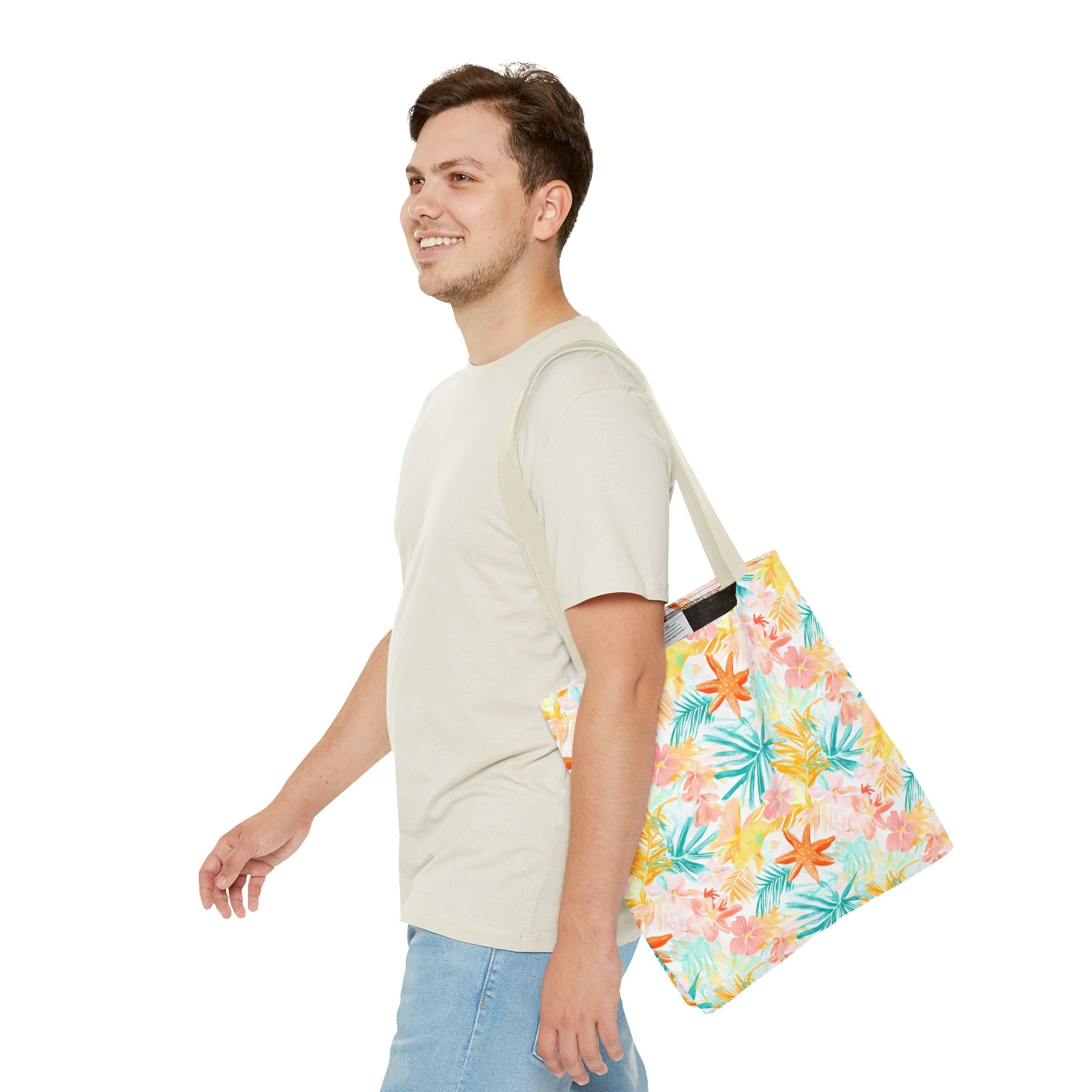 Tropical Starfish- Floral Tote Bag, Summer Beach Bag, Eco-Friendly Shopping Tote, Reusable Grocery Bag, Gift for Her