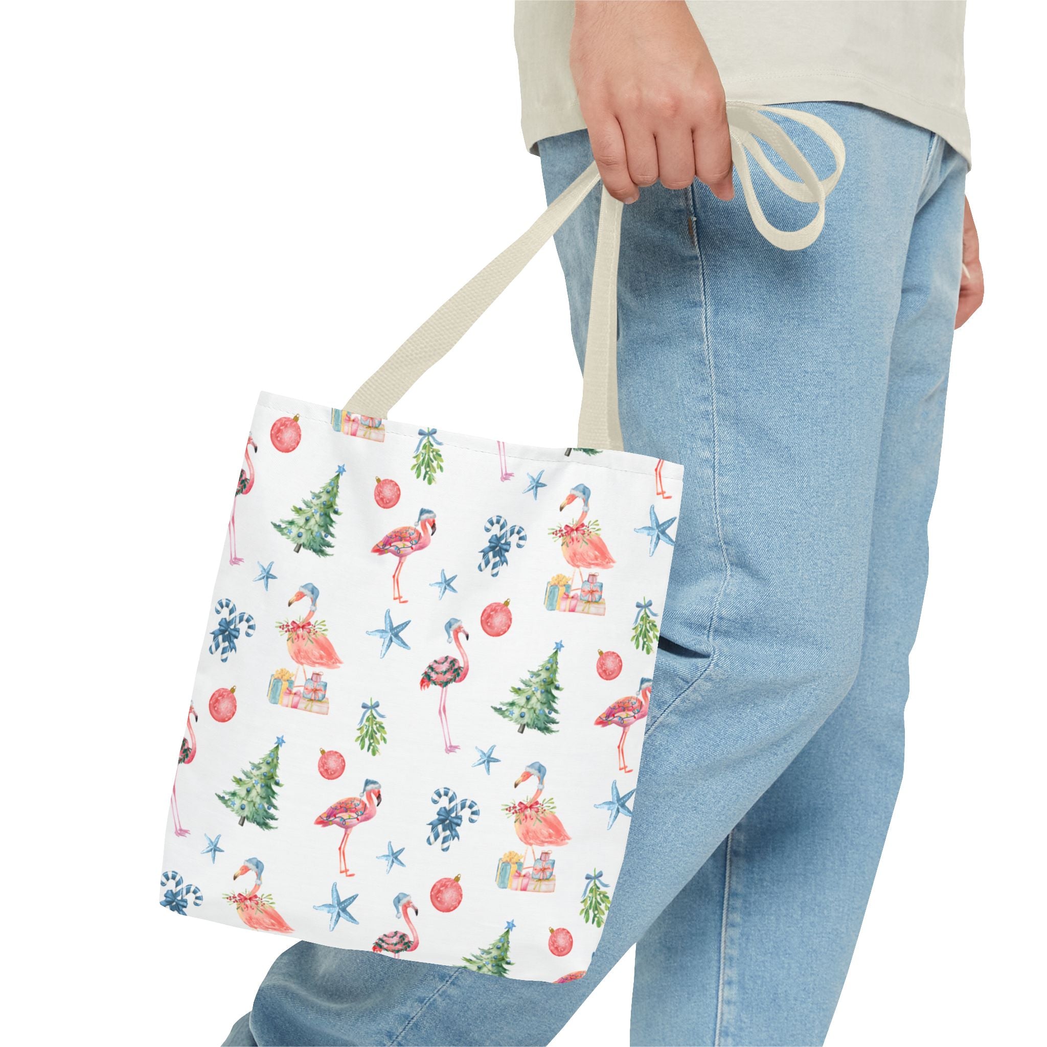 Christmas Flamingo Tote Bag, Holiday Gift, Summer Vibes, Beach Bag, Floral Shopper, Eco-Friendly，Gift Bag, Christmas Tote