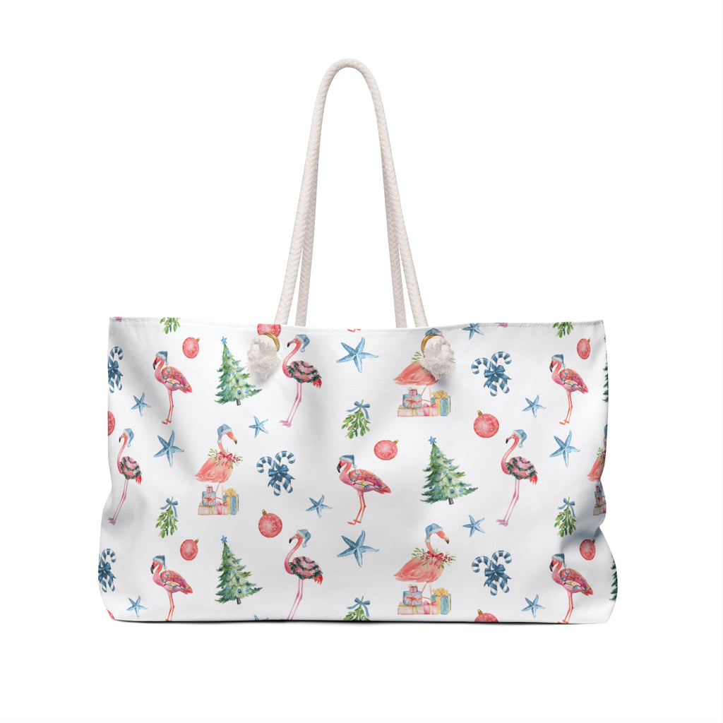 Christmas Flamingo Weekender Bag, Travel Tote, Beach Bag, Holiday Gift, Weekend Getaway