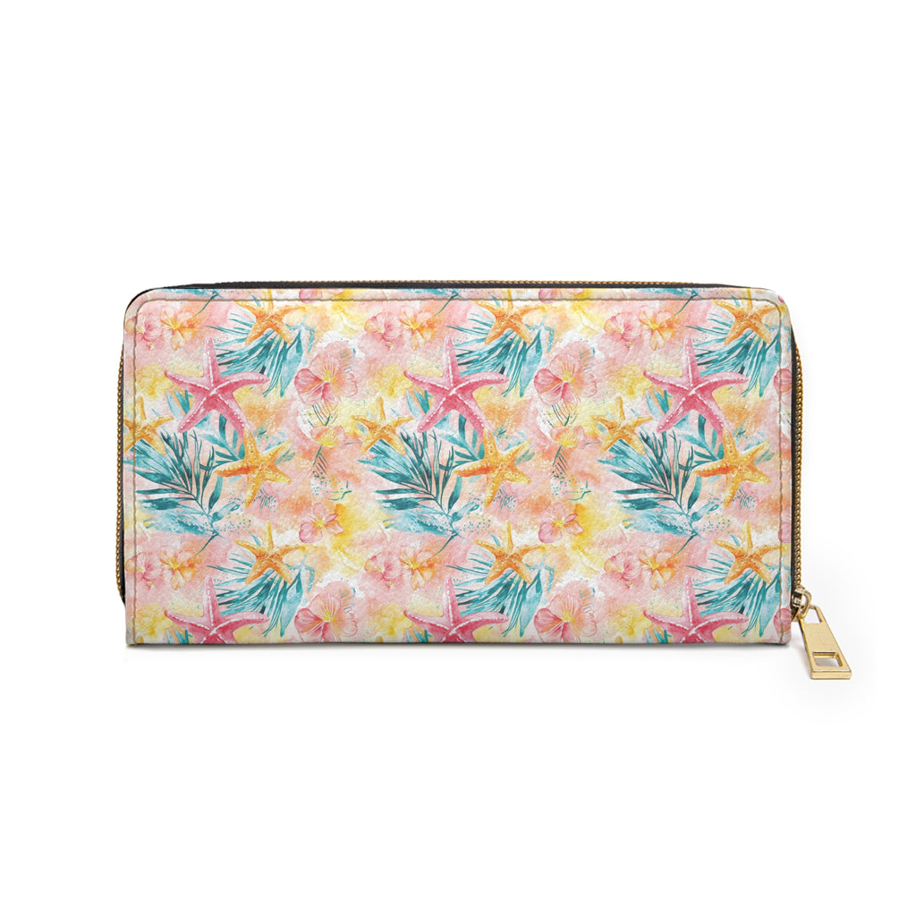 Pink Tropical Starfish Vegan Leather Wallet, Travel Accessory, Summer Gift, Floral Pattern Purse, Everyday Organizer, Beach Style Clutch
