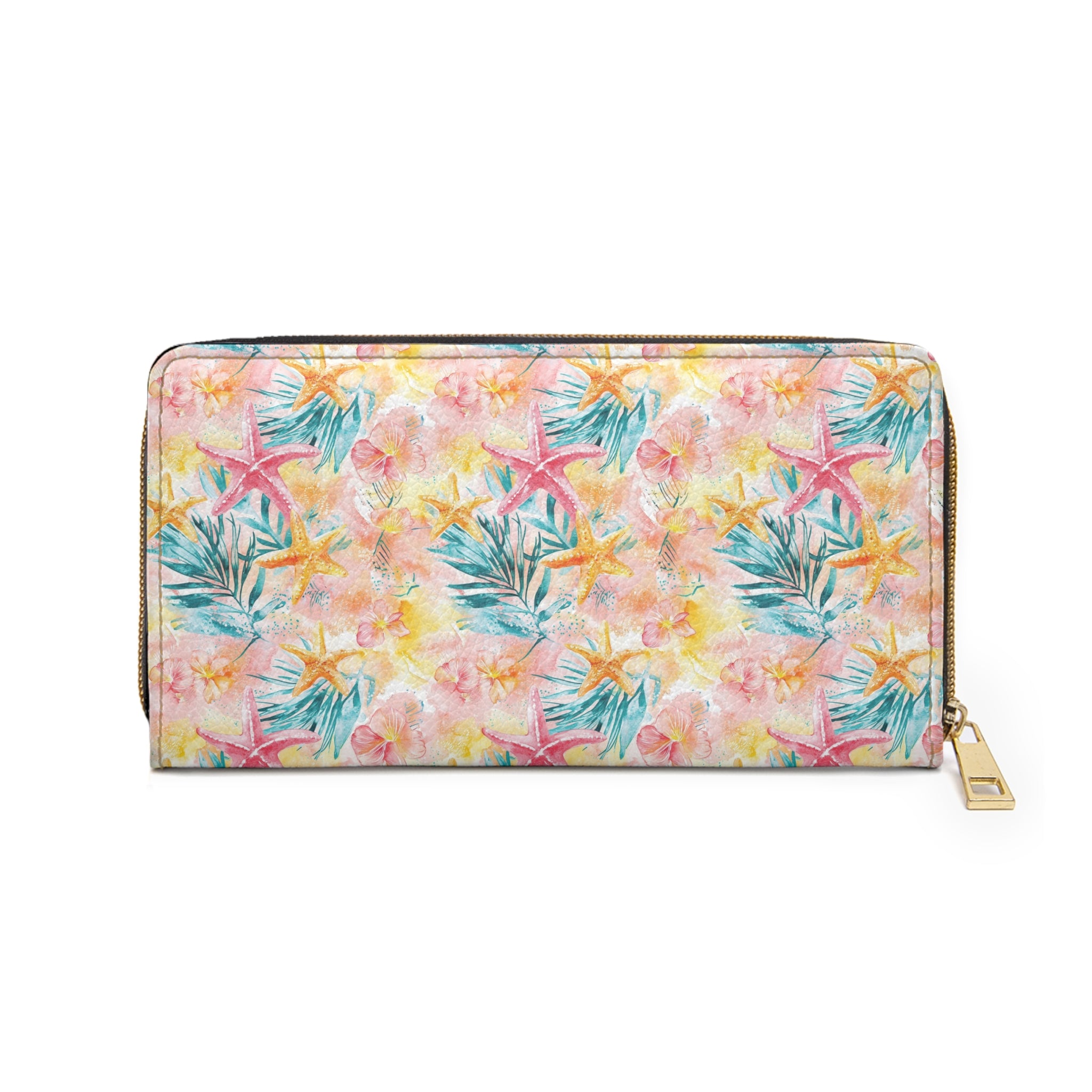Pink Tropical Starfish Vegan Leather Wallet, Travel Accessory, Summer Gift, Floral Pattern Purse, Everyday Organizer, Beach Style Clutch