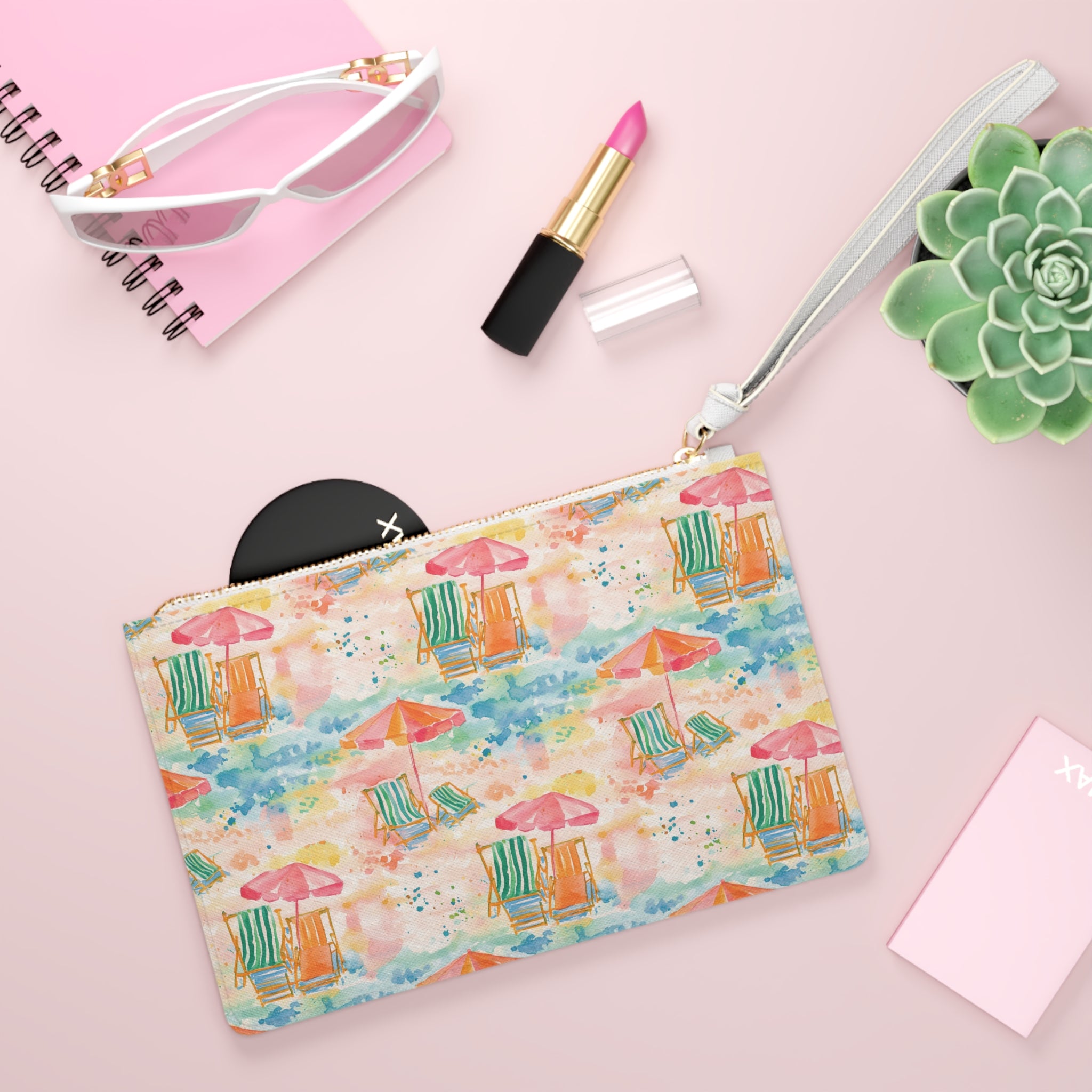 Beach Vibes  Vegan Leather Clutch Bag, Summer Accessory, Colorful Tote, Vacation Essentials, Pool Party Clutch, Gift for Her, Watercolor Design