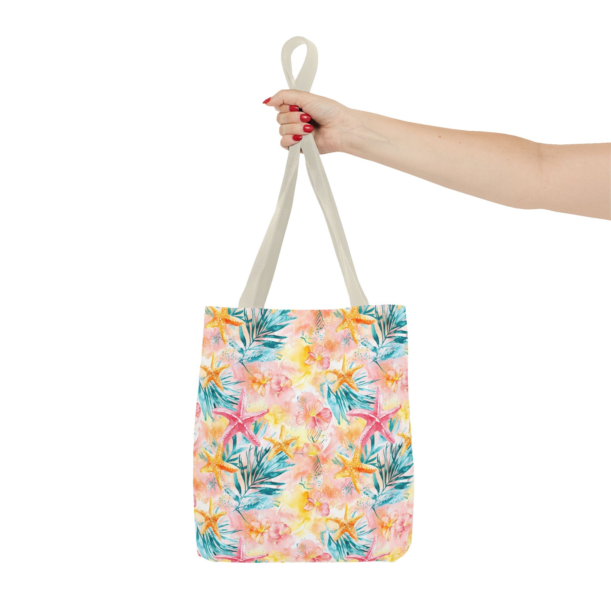 Pink tropical Starfish Tote Bag - Tropical Floral Print, Beach Essentials, Eco-Friendly, Gift for Her, Summer Vibes, Shopping Companion