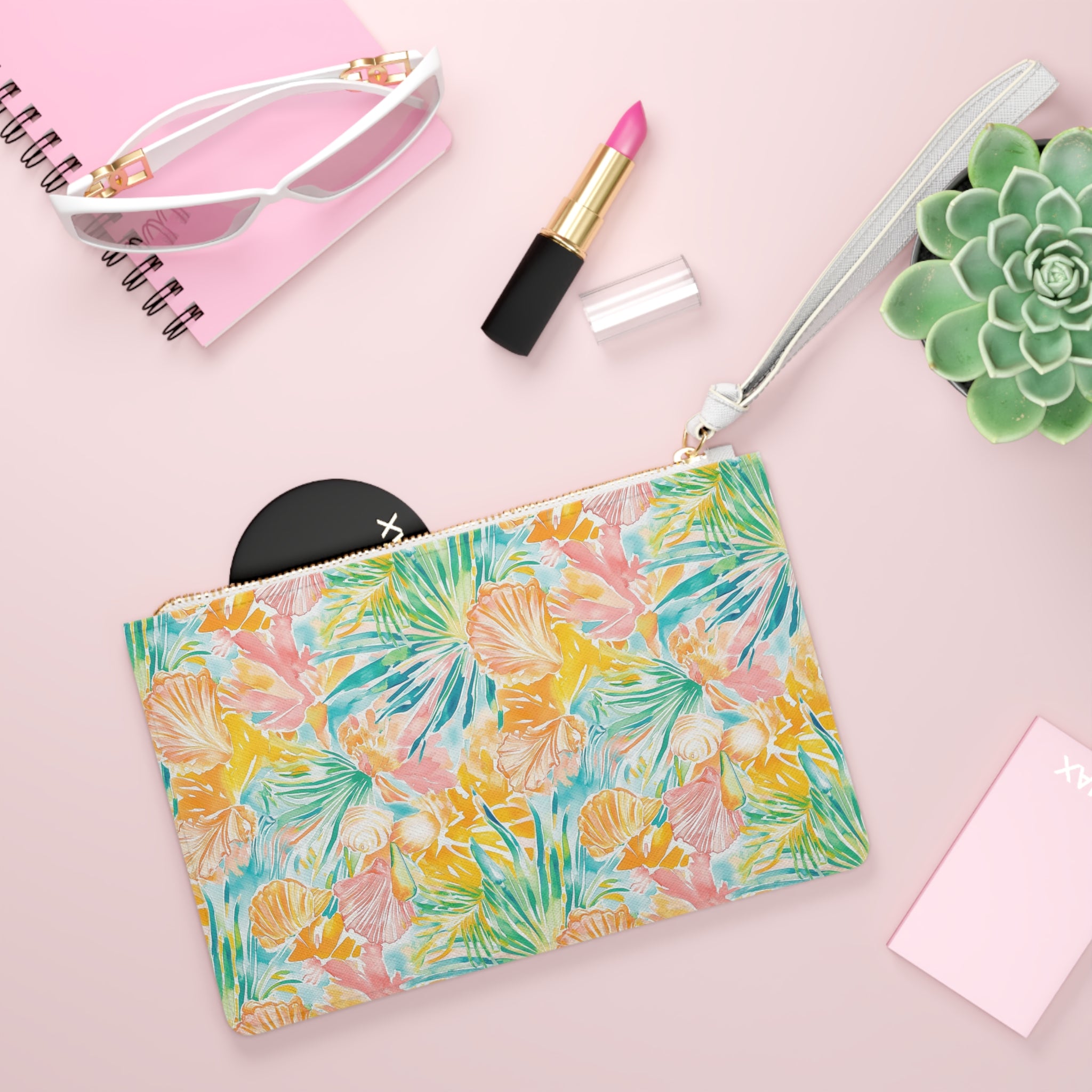 Neon Tropics Vegan Leather Clutch Bag, Vibrant Travel Pouch, Floral Makeup Organizer, Summer Accessories, Gift for Her