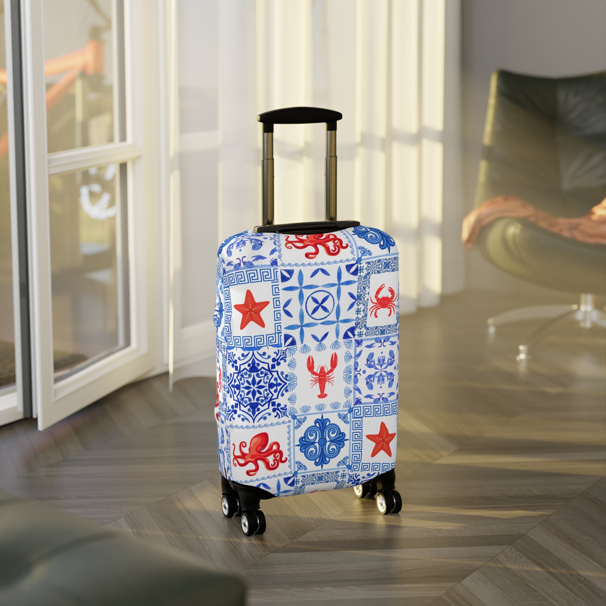 Greek Sea - Stylish Luggage Cover with Nautical Patterns, Travel Accessory, Suitcase Protector, Beach Vacation Gear, Lobster Design