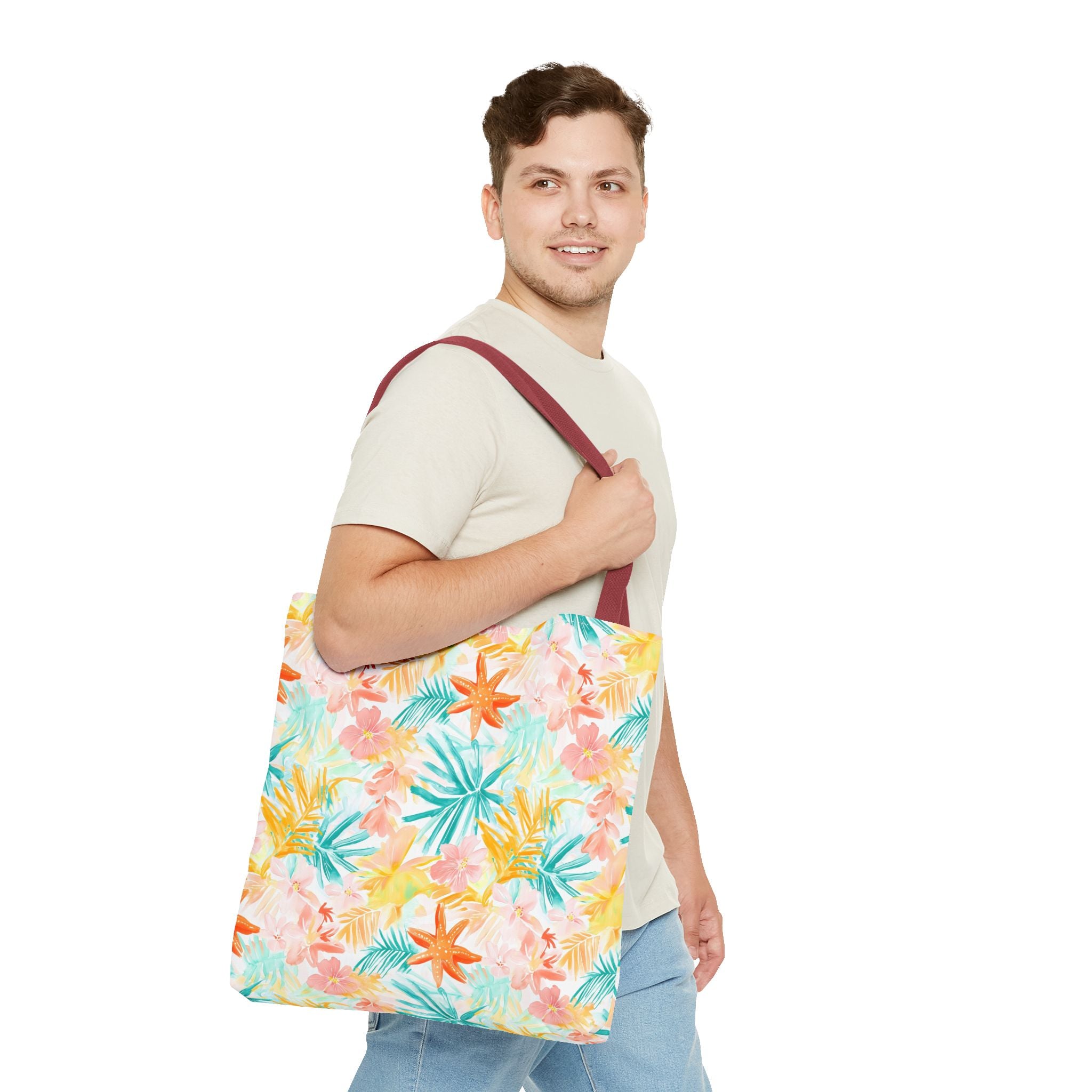 Tropical Starfish- Floral Tote Bag, Summer Beach Bag, Eco-Friendly Shopping Tote, Reusable Grocery Bag, Gift for Her