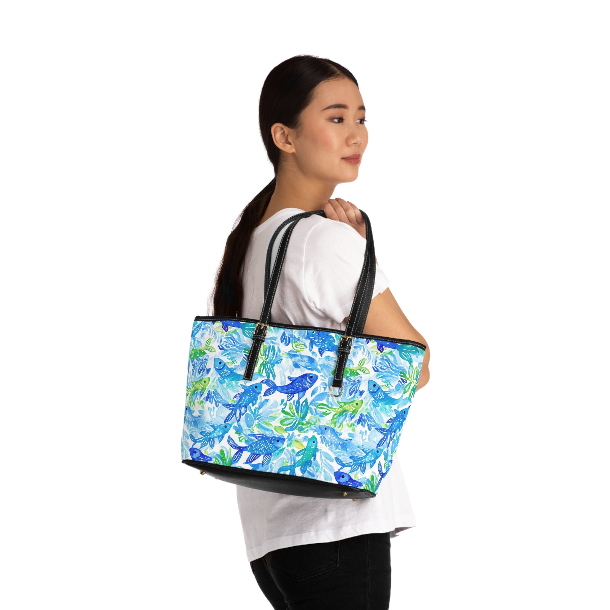 Vibrant Fish- Pattern PU Leather Shoulder Bag, Stylish Tote, Fashion Accessory, Mom Gift, Summer Bag, Beach Ready