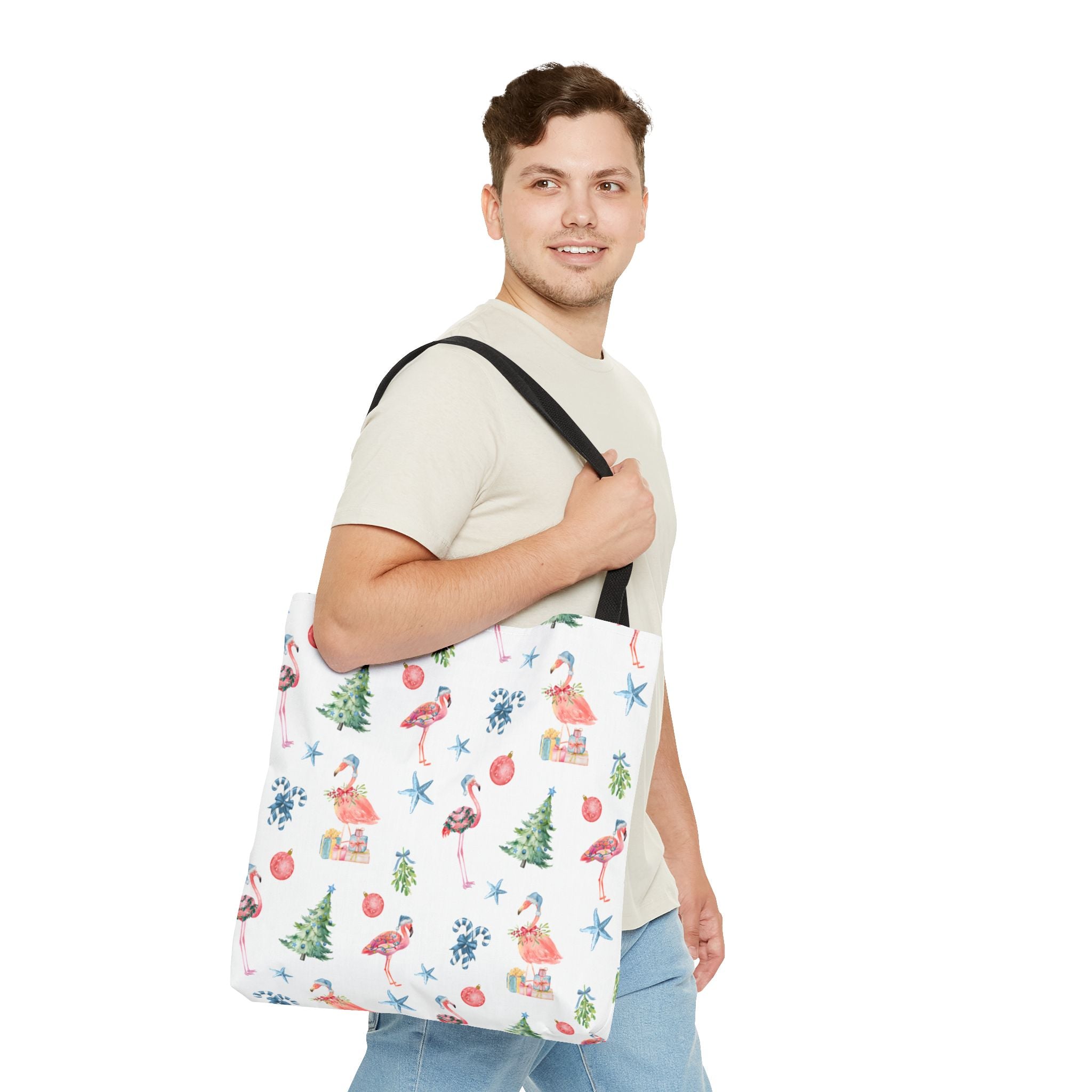 Christmas Flamingo Tote Bag, Holiday Gift, Summer Vibes, Beach Bag, Floral Shopper, Eco-Friendly，Gift Bag, Christmas Tote