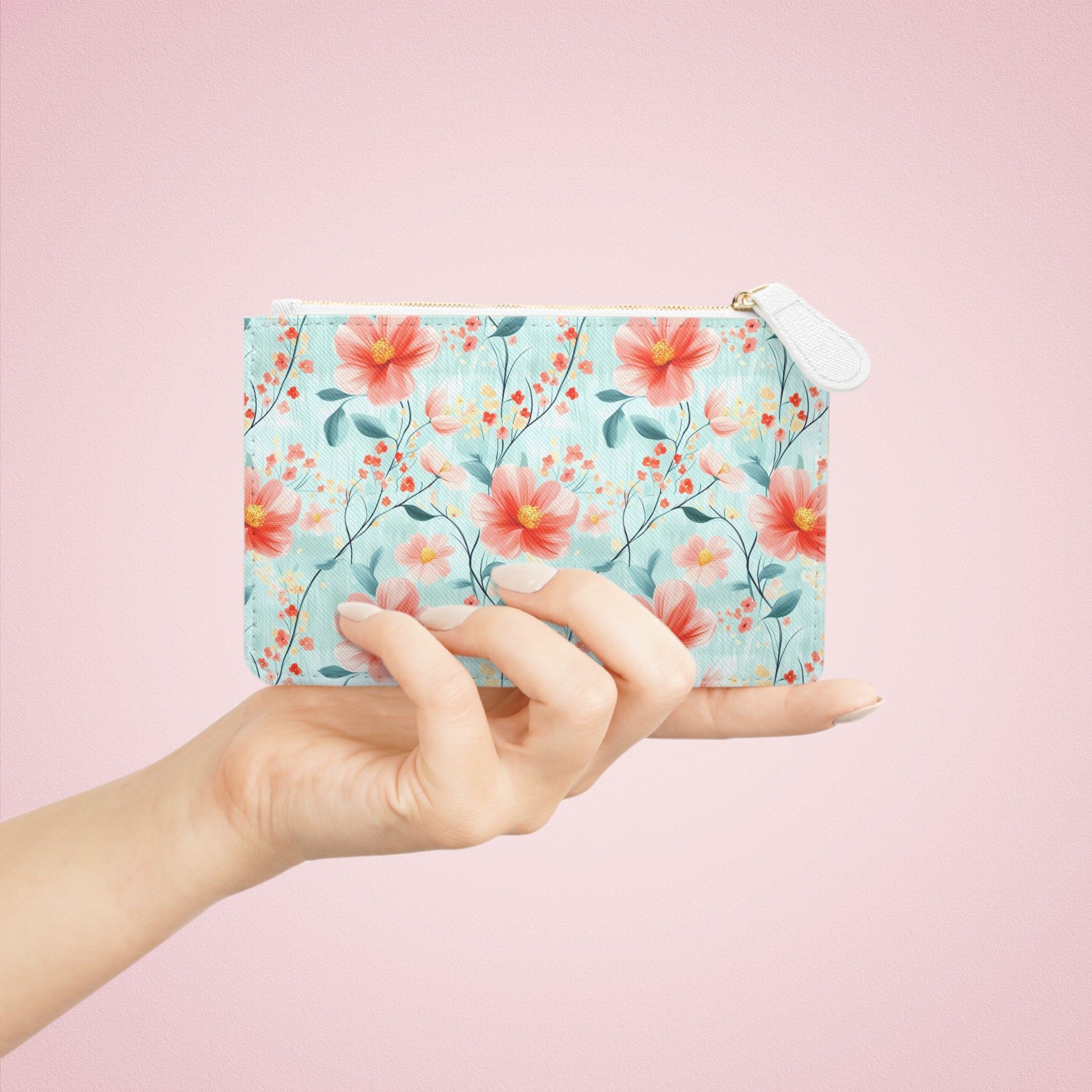 Teal Daisy Mini Vegan Leather Clutch Bag | Cute Cosmetic Pouch, Gift for Her, Wedding Accessory, Travel Organizer, Summer Vibes