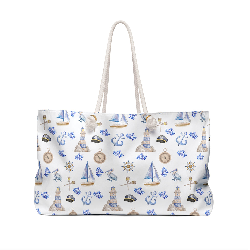 Sail Away- Weekender Bag, light house and sailboat pattern.