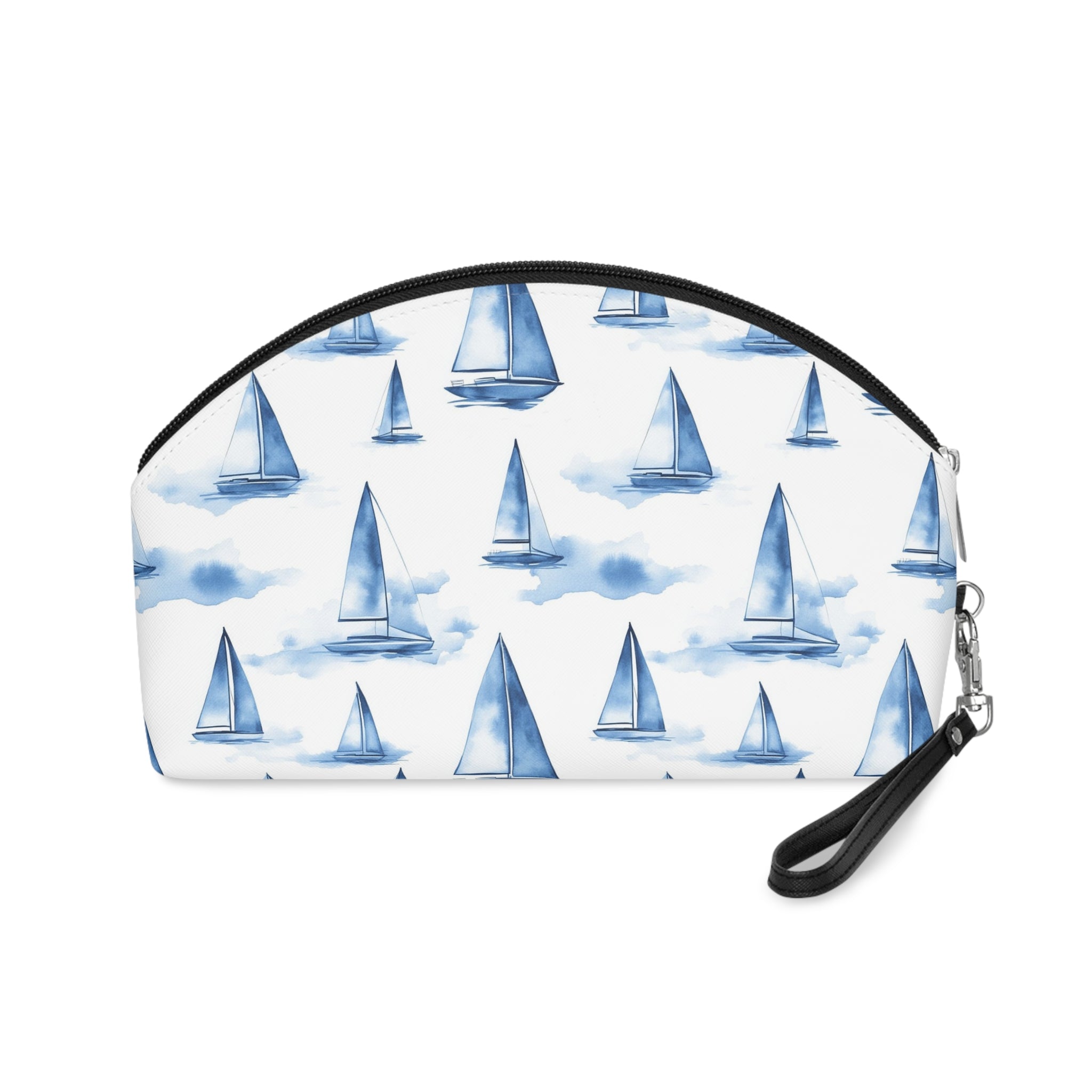 Blue Sailboat Makeup Bag,  PU Faux Leather Makeup Bag, Travel Makeup kit, Vacation Makeup bag, Bridesmaid Gift, Makeup Organizer