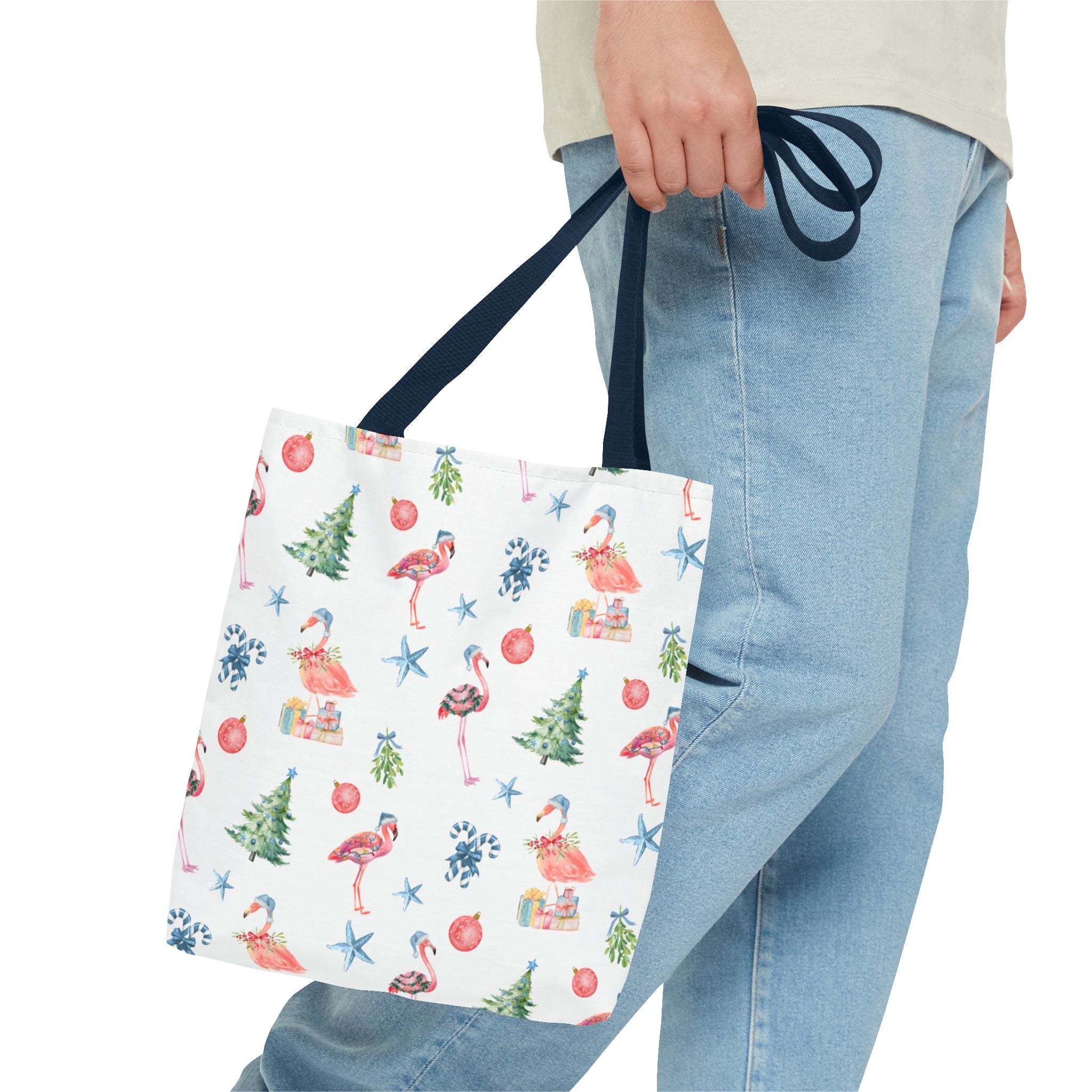 Christmas Flamingo Tote Bag, Holiday Gift, Summer Vibes, Beach Bag, Floral Shopper, Eco-Friendly，Gift Bag, Christmas Tote