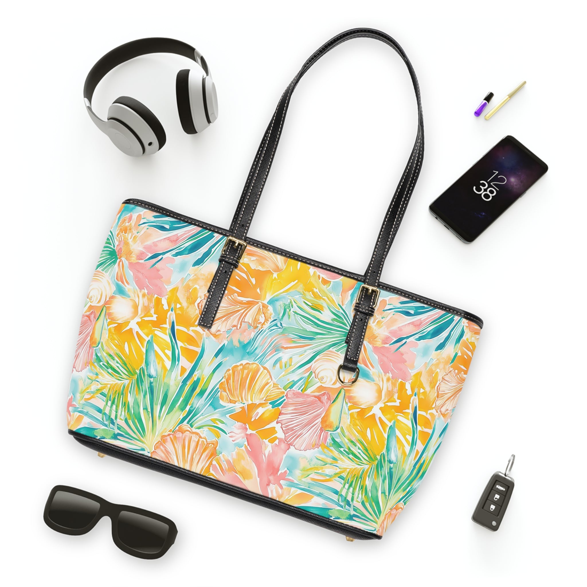 Neon Tropics- PU Leather Shoulder Bag, Summer Tote, Floral Handbag, Vacation Purse, Trendy Everyday Bag
