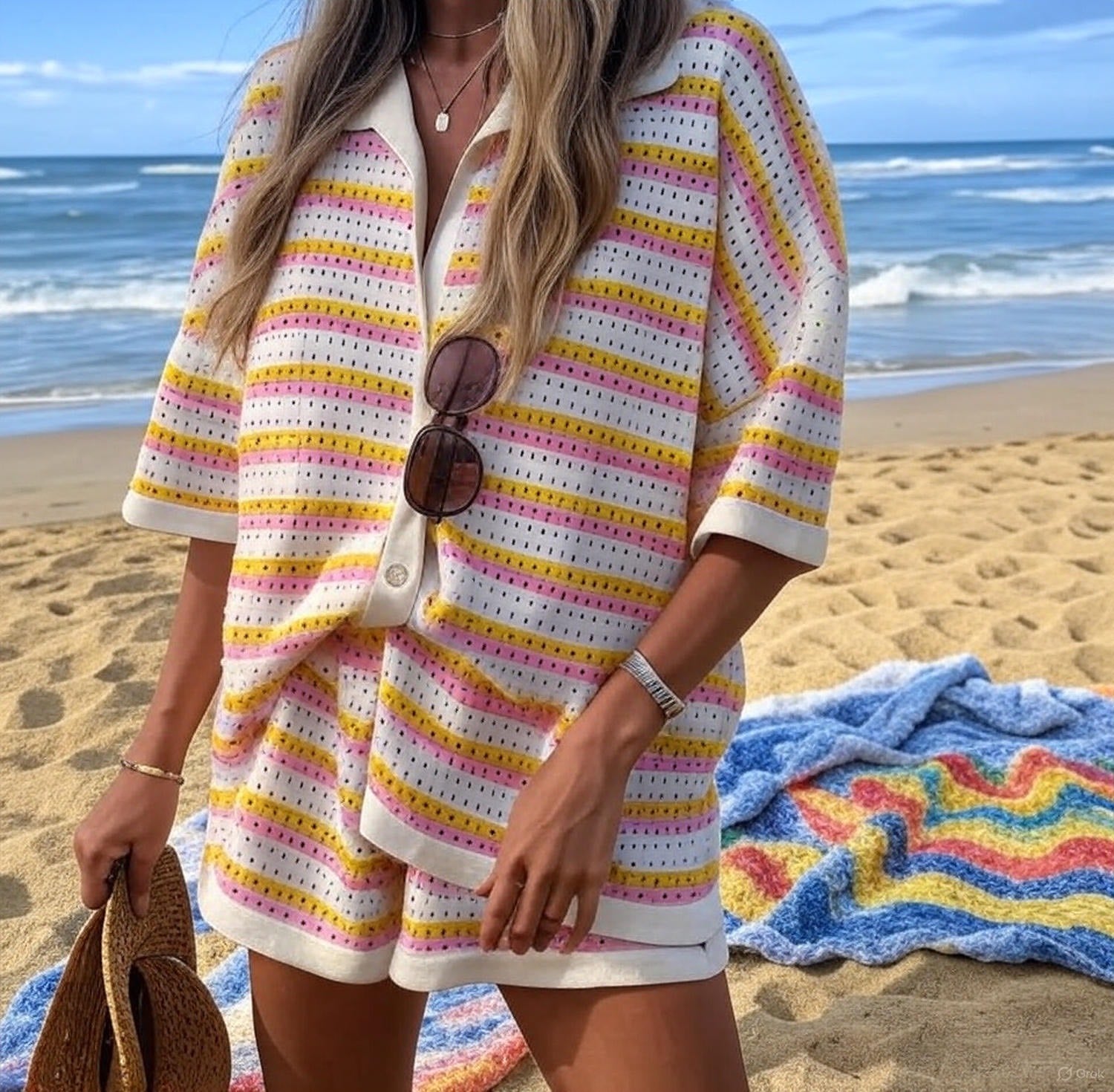 Color blocked Lapel Stripe Shirt & Shorts Set